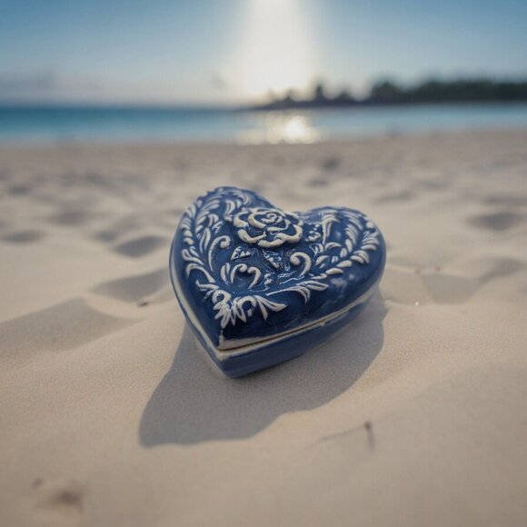 Vintage  Blue & White Ceramic Heart Trinket Box w Raised floral design - Picture 1 of 11
